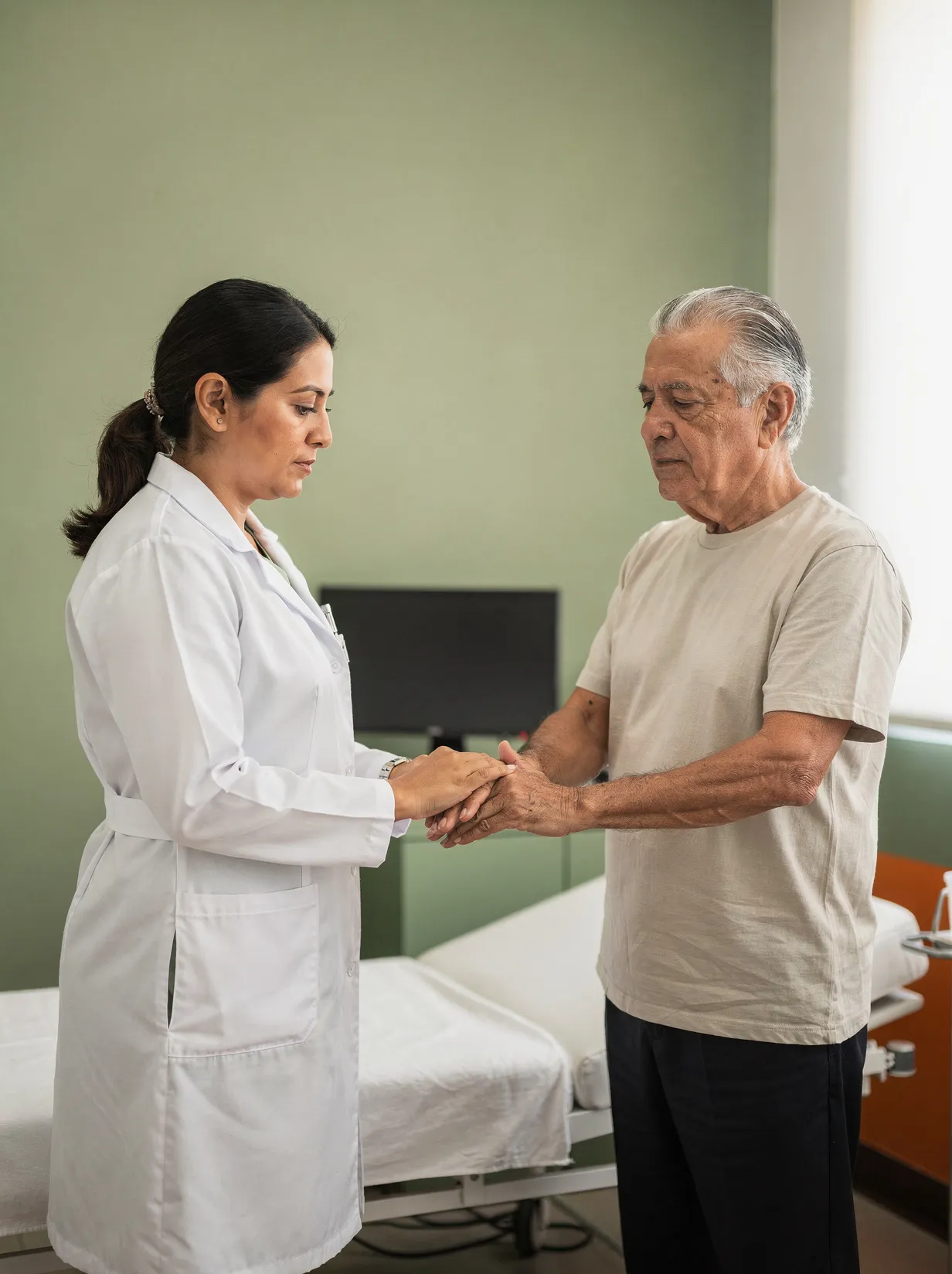 Neuróloga revisando las manos de un paciente con Parkinson en Neurocenter